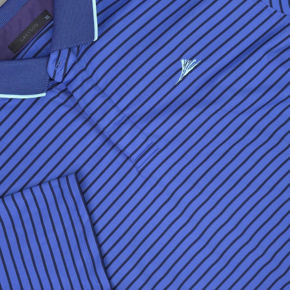 Greyson Polo Shirt Mens XL Blue Stripe Golf Performance Stretch Logo Wolf Casual